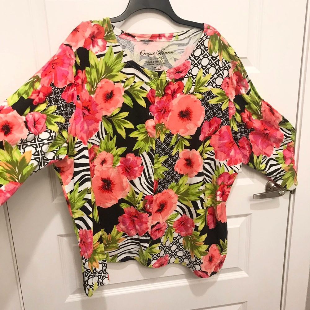 Bright & Cheery💚 Women’s soft jersey cardigan sz 3X. Lightweight & colorful🩷🖤